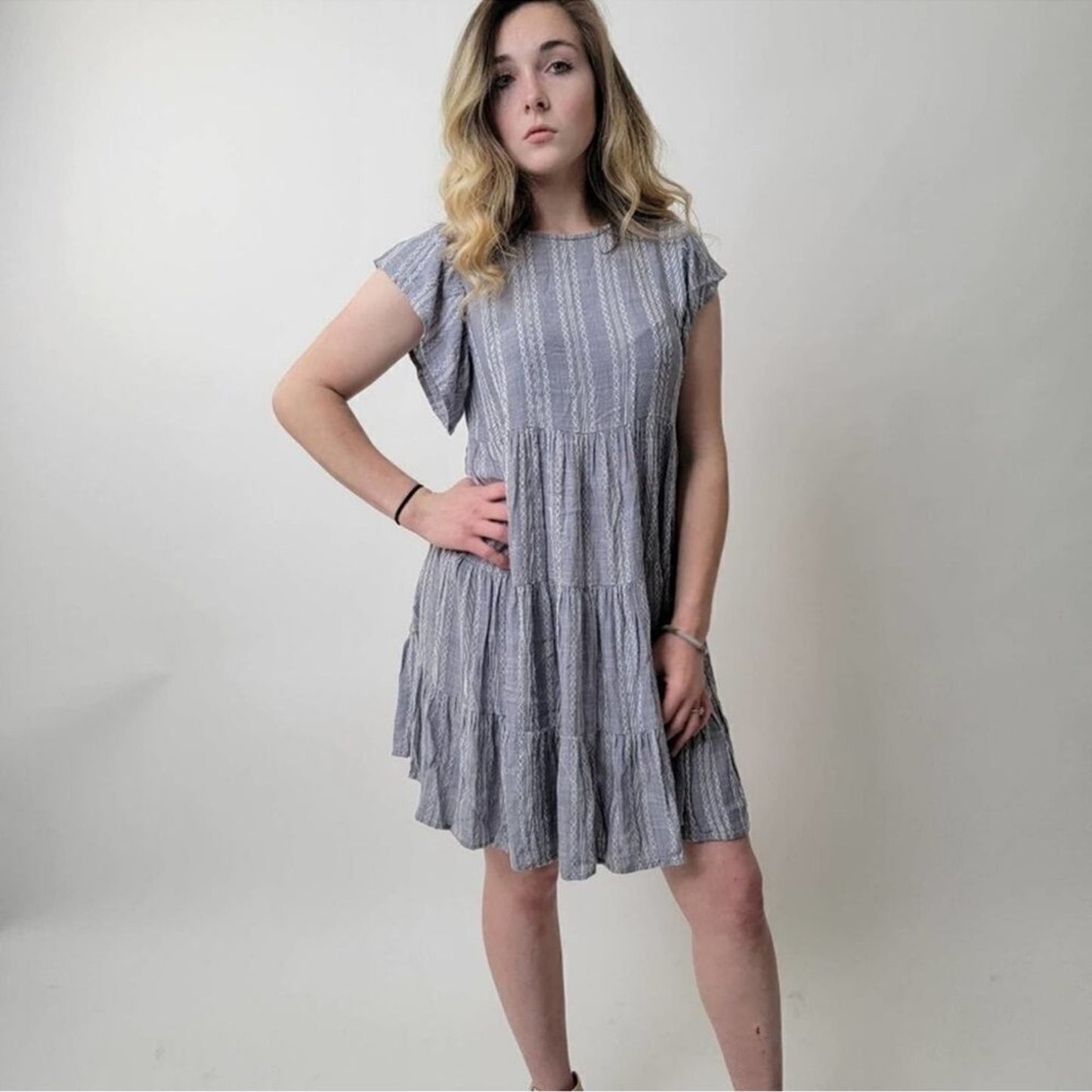 Elan Tiered Blue Grey Dress