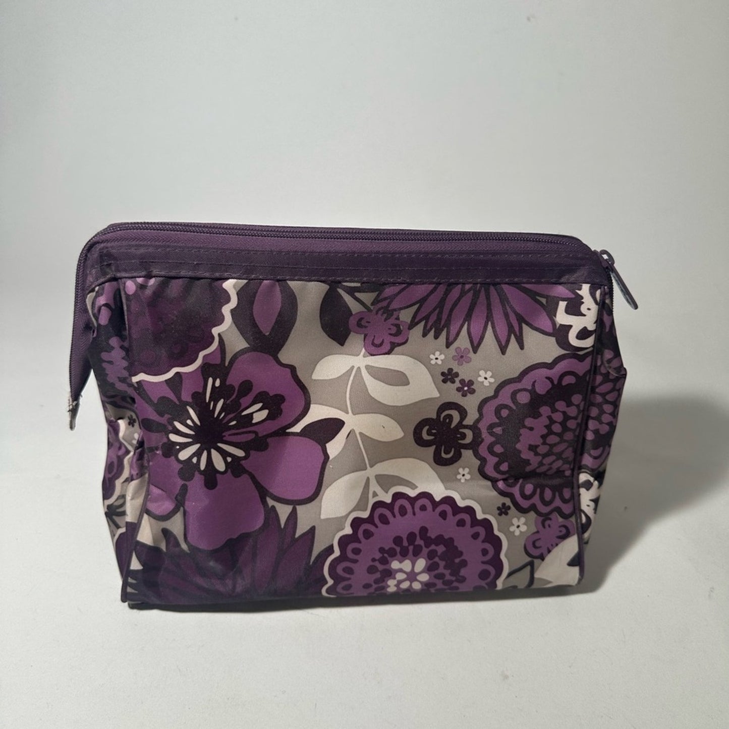 Purple Floral Cosmetic Bag with Zipper Closure