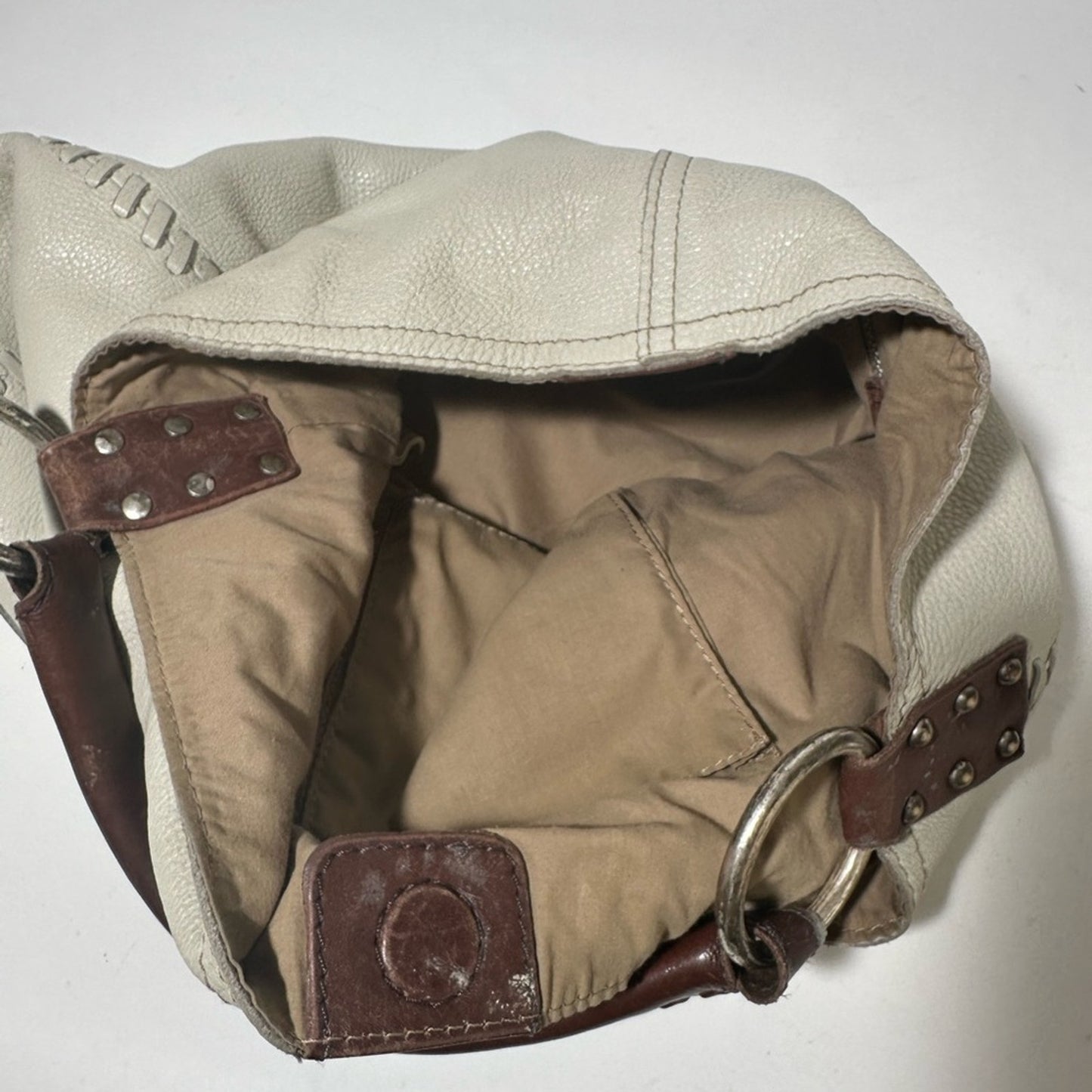 White and Brown Hobo Bag with Textured Leather and Slouchy Shape