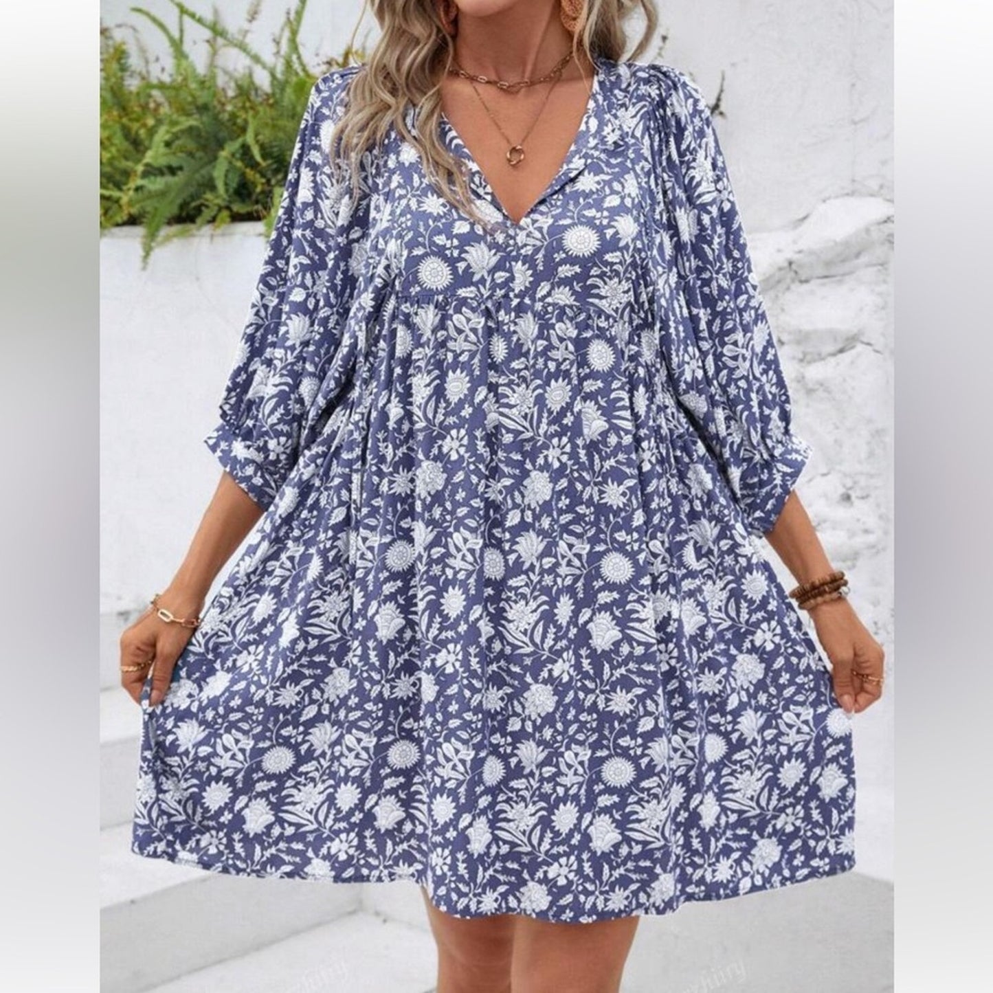Floral Blue and White Rayon Dress