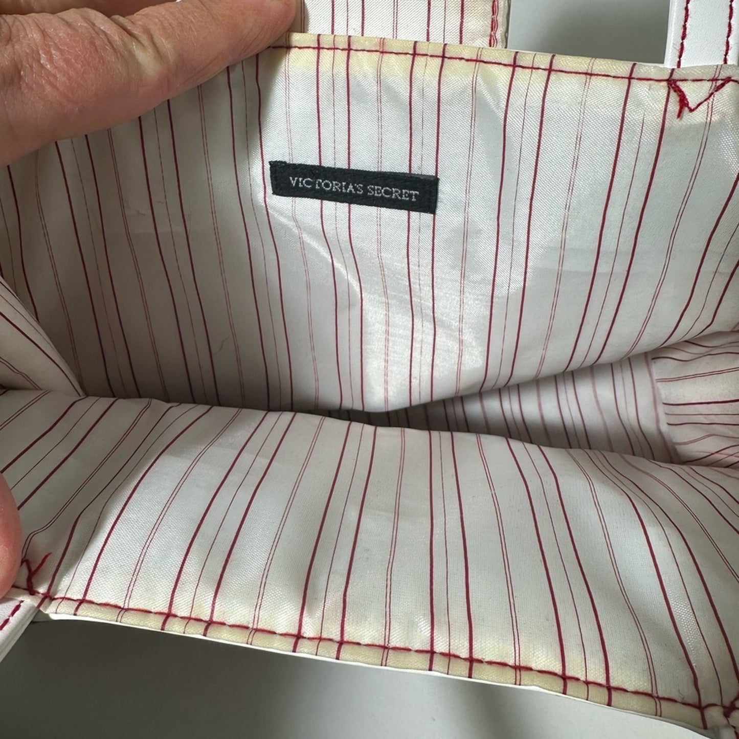 Red and White Structured Tote with Geometric Design