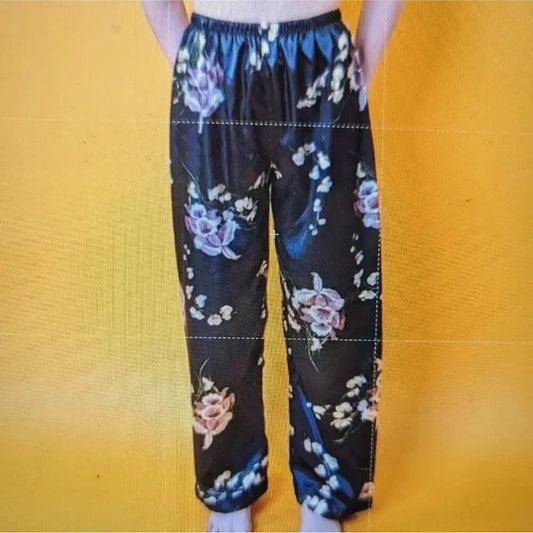 Elegant Black Floral Satin Pants