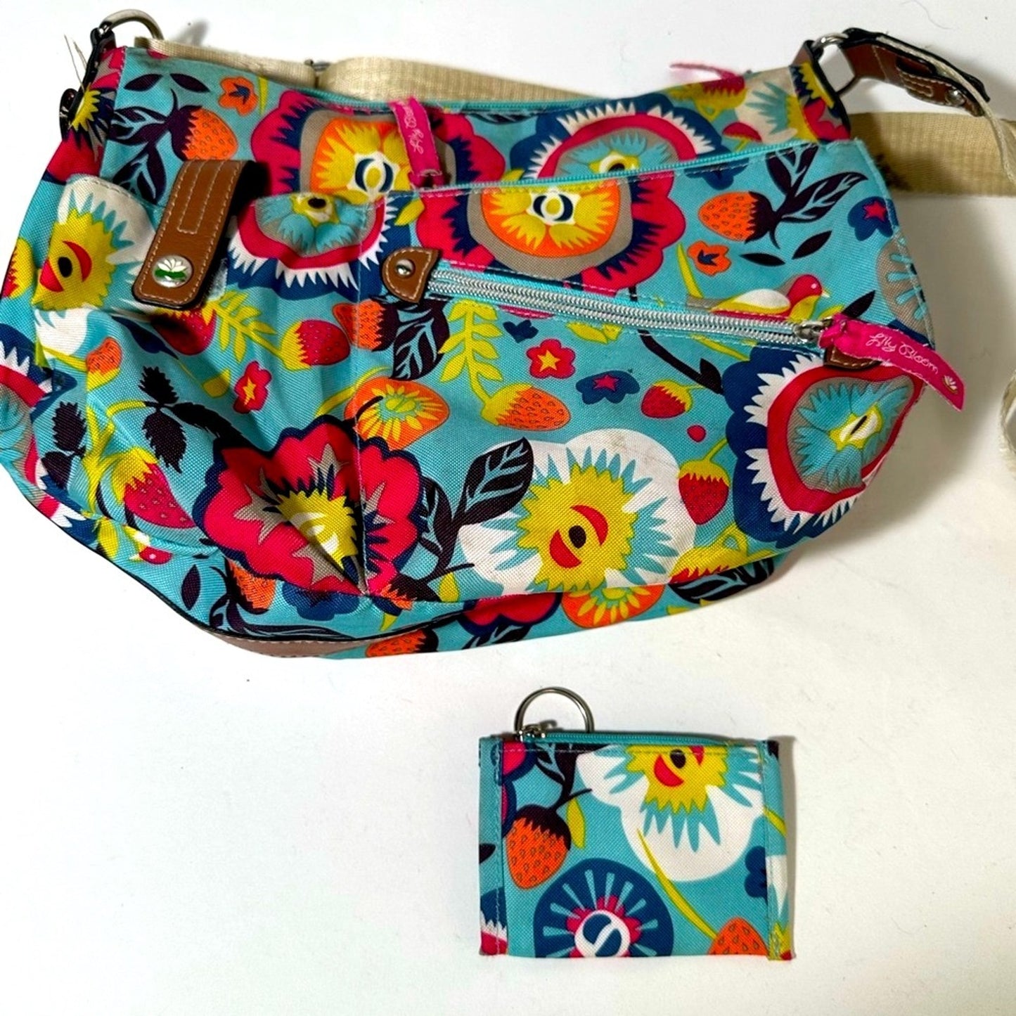 Playful Blue and Pink Crossbody Bag with Abstract Design