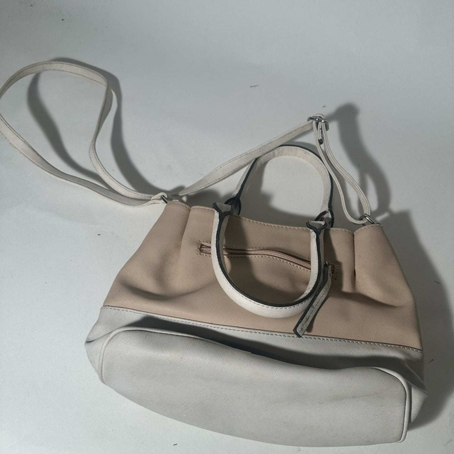Nine West Cream and White Satchel with Double Handles and Silver Hardware