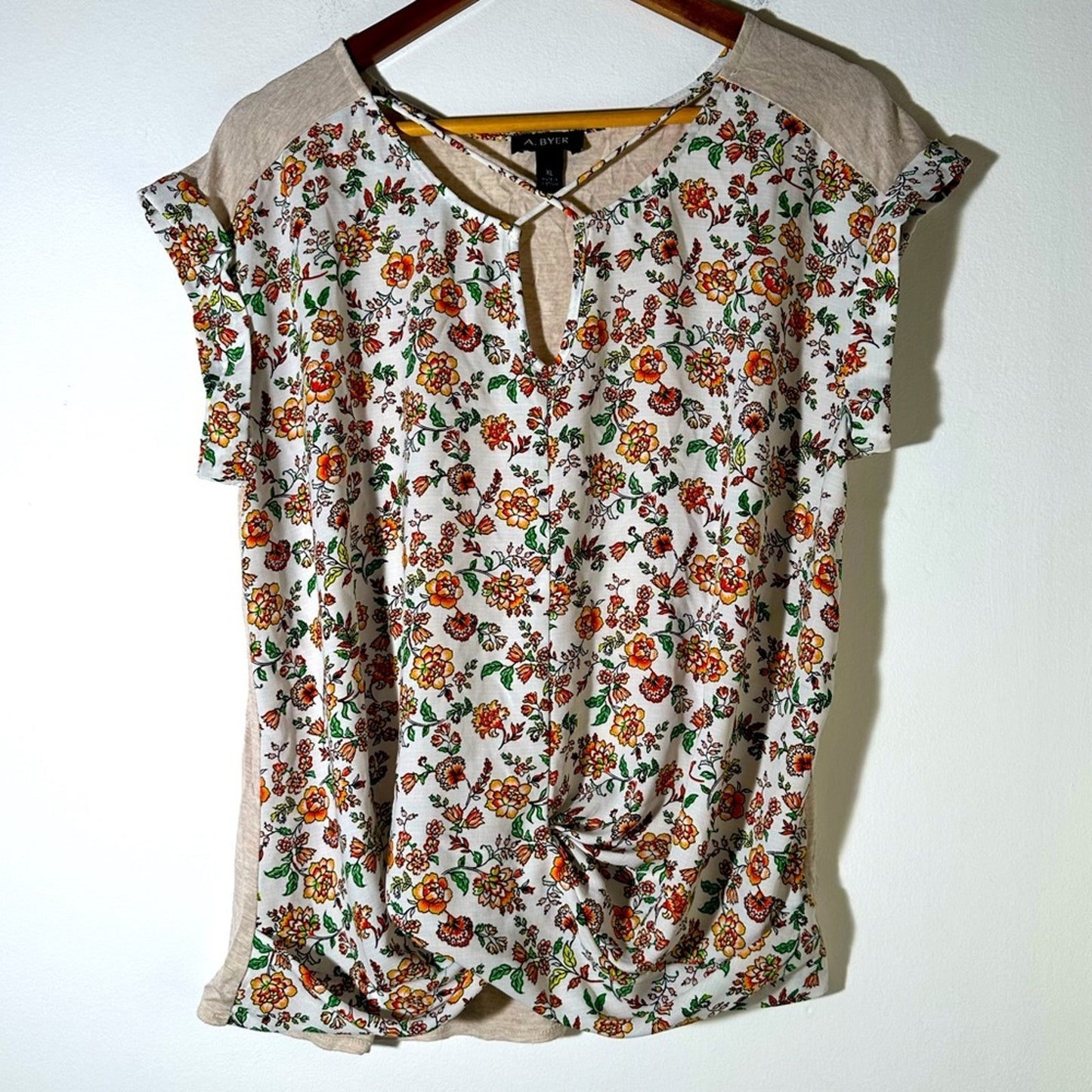A. Byer Graphic Flutter Sleeve Blouse in Orange and Brown