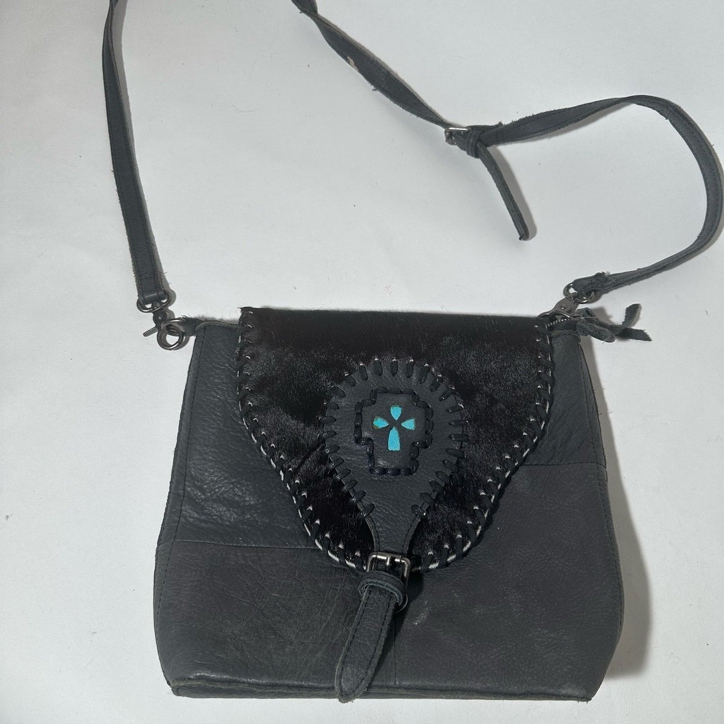 Black Leather Crossbody Bag with Turquoise Accent