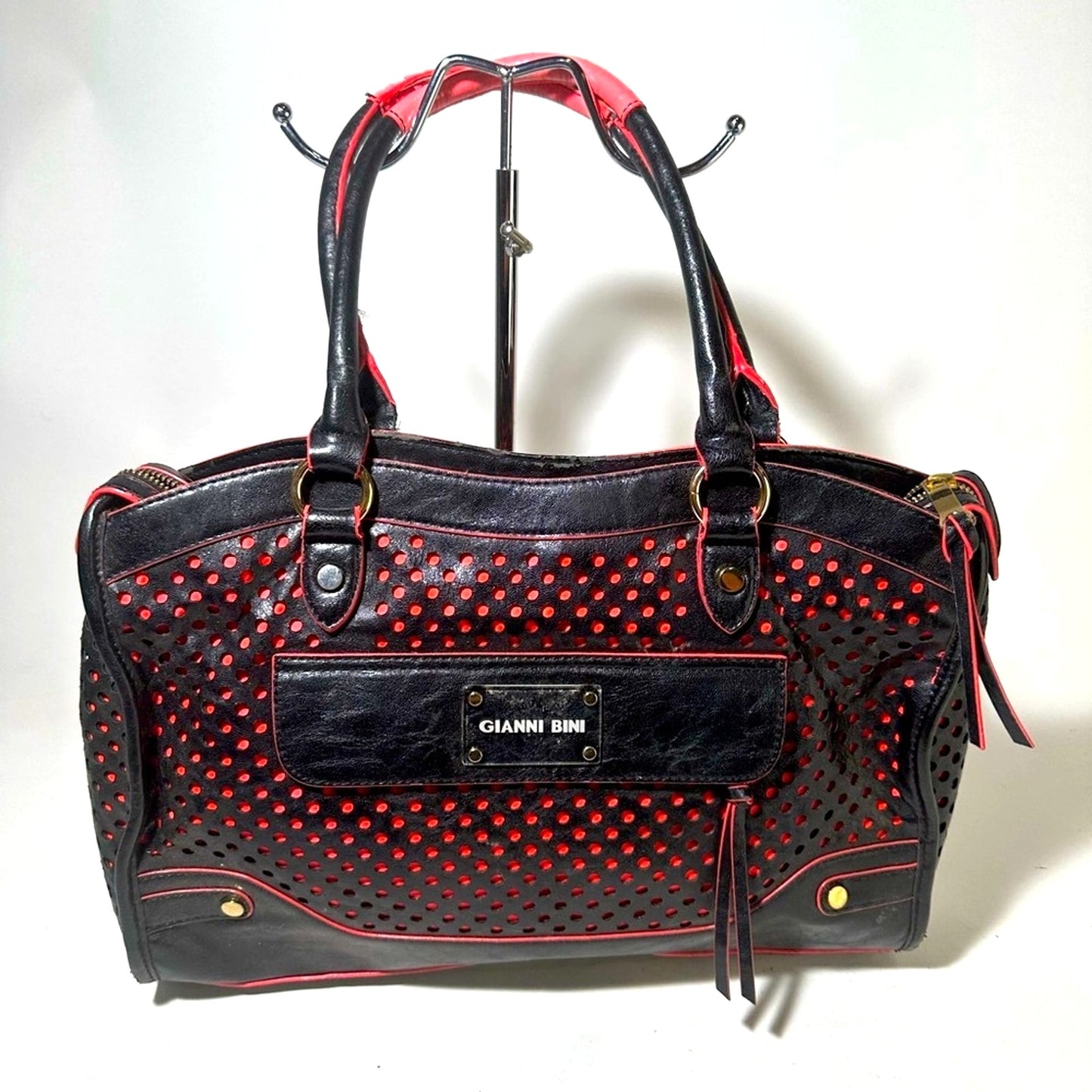 Gianni Bini Black and Red Satchel with Perforated Design