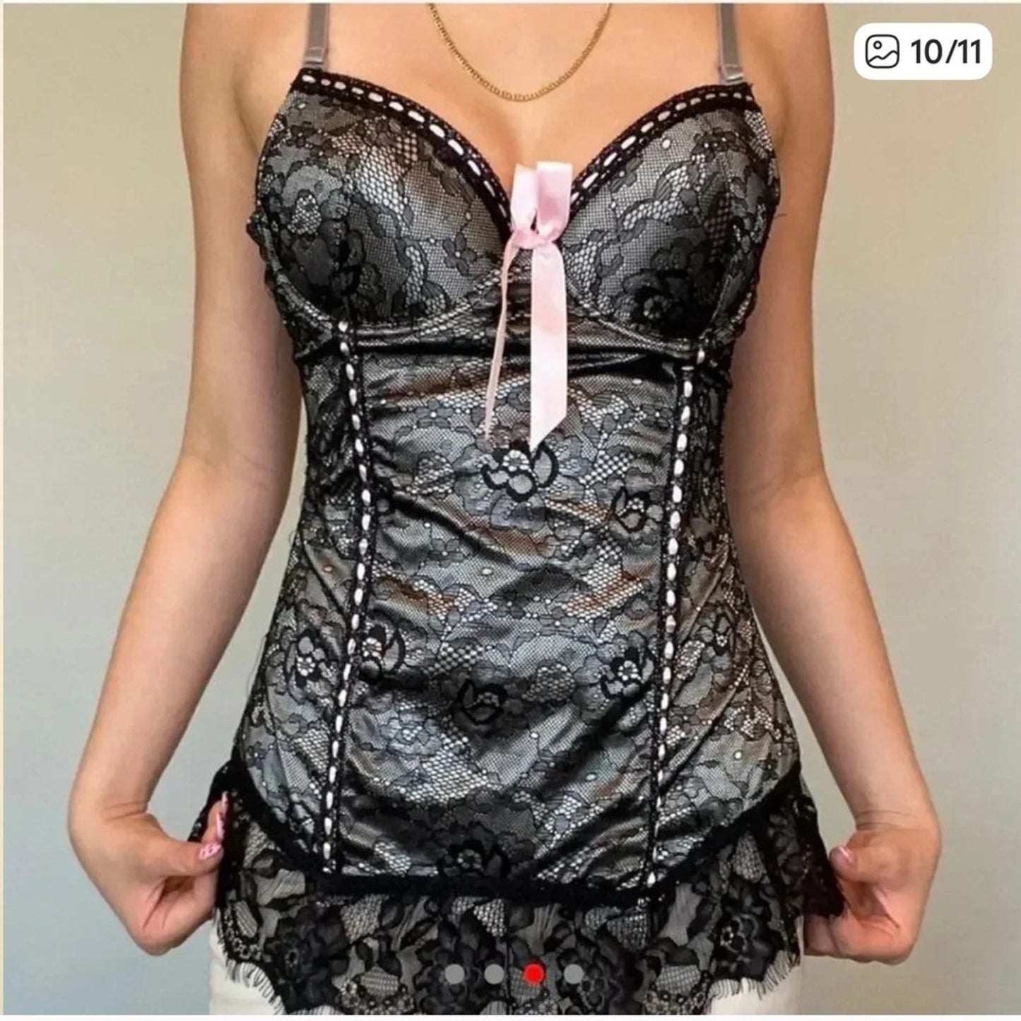 Y2K Elegant Black Lace Corset Bustier with Pink Accents