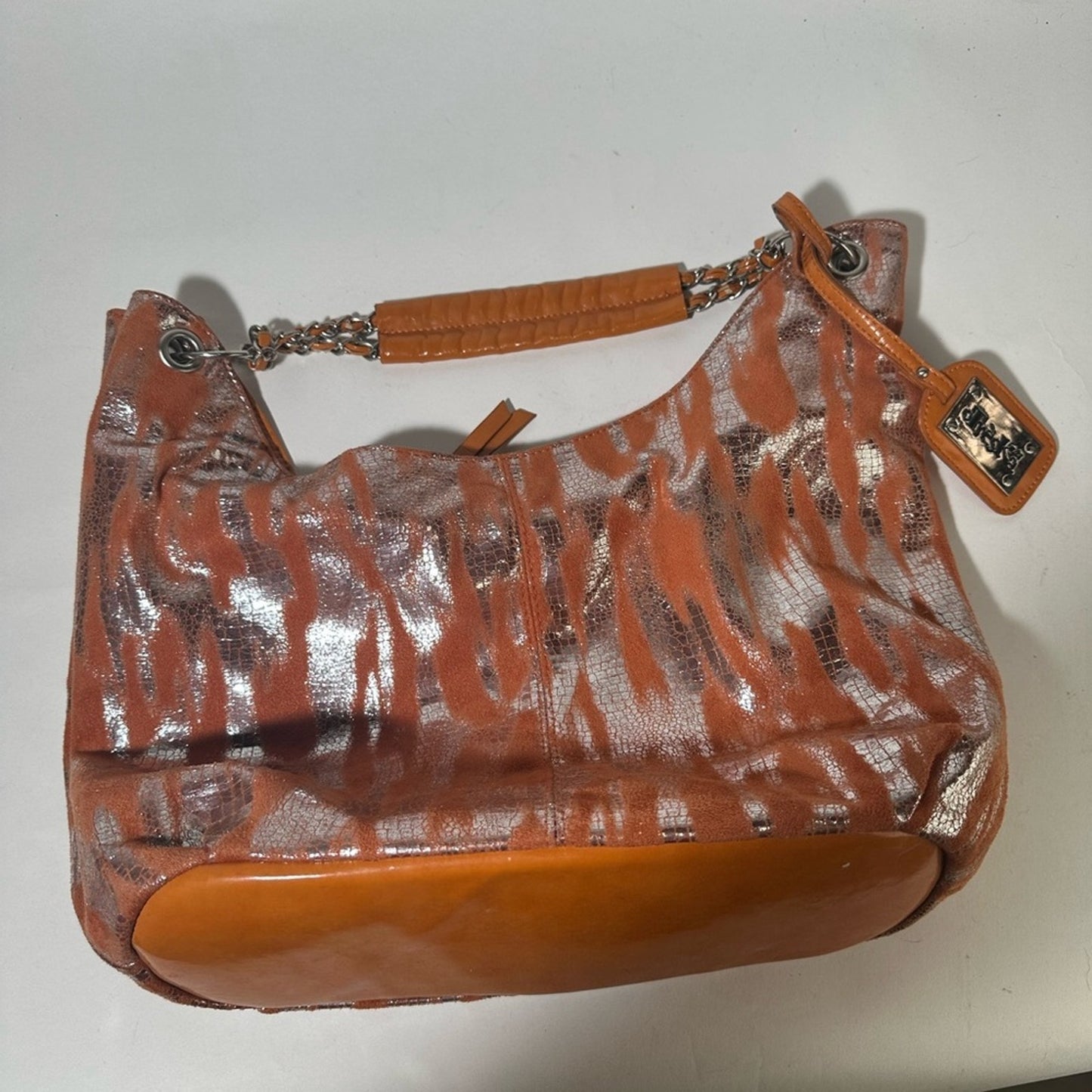 Orange and Silver Tiger Print Hobo Bag with Glossy Finish