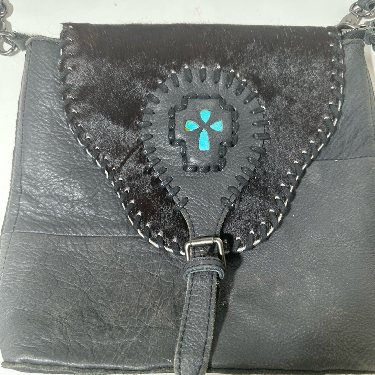 Black Leather Crossbody Bag with Turquoise Accent