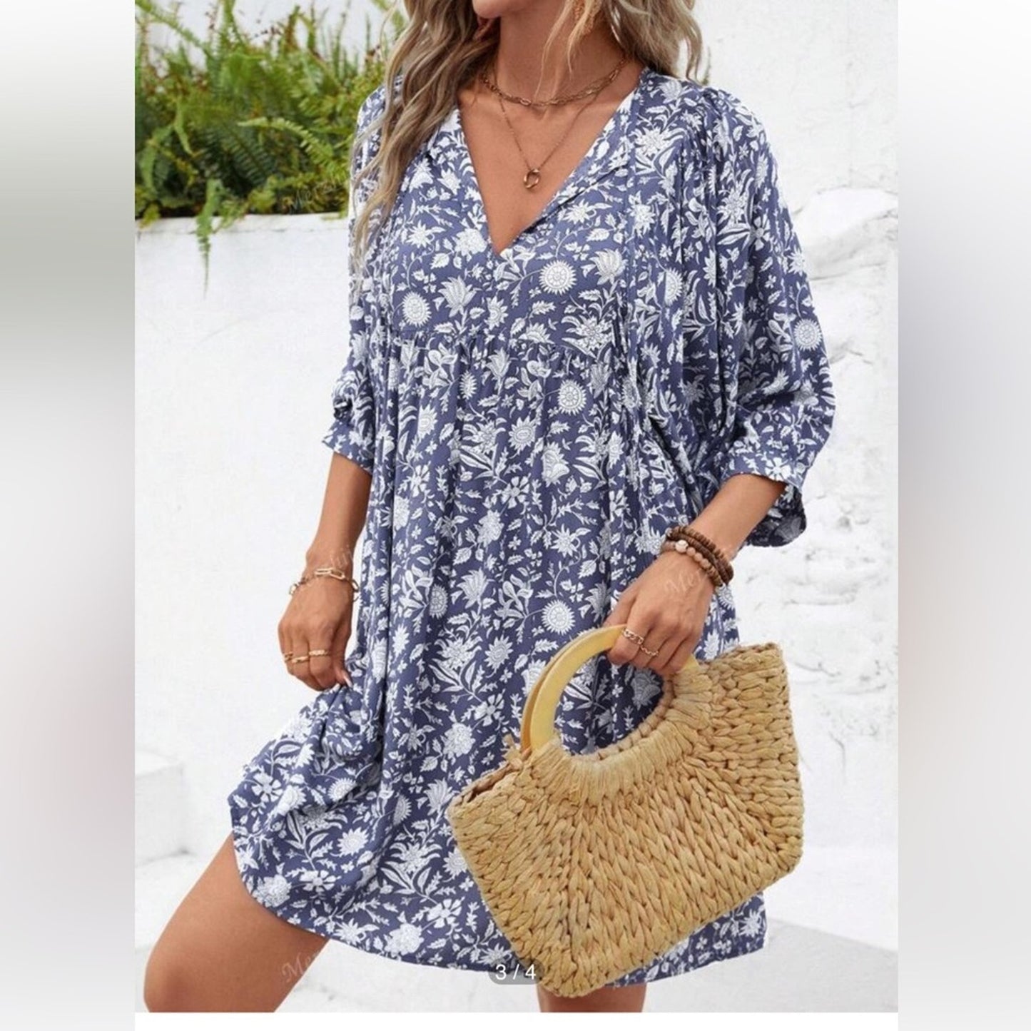 Floral Blue and White Rayon Dress