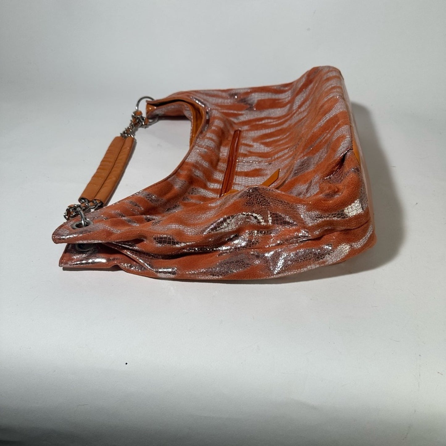 Orange and Silver Tiger Print Hobo Bag with Glossy Finish