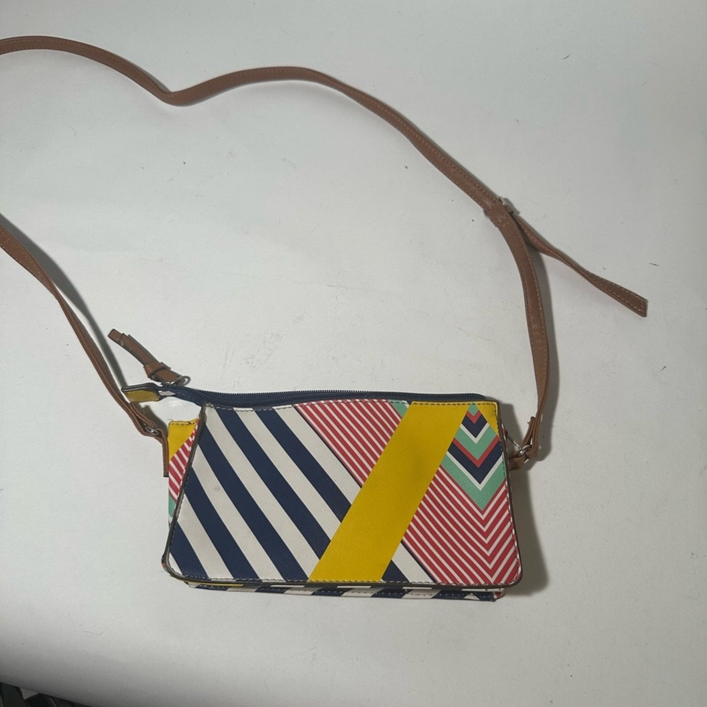 Blue and Yellow Artistic Crossbody Bag with Geometric Design