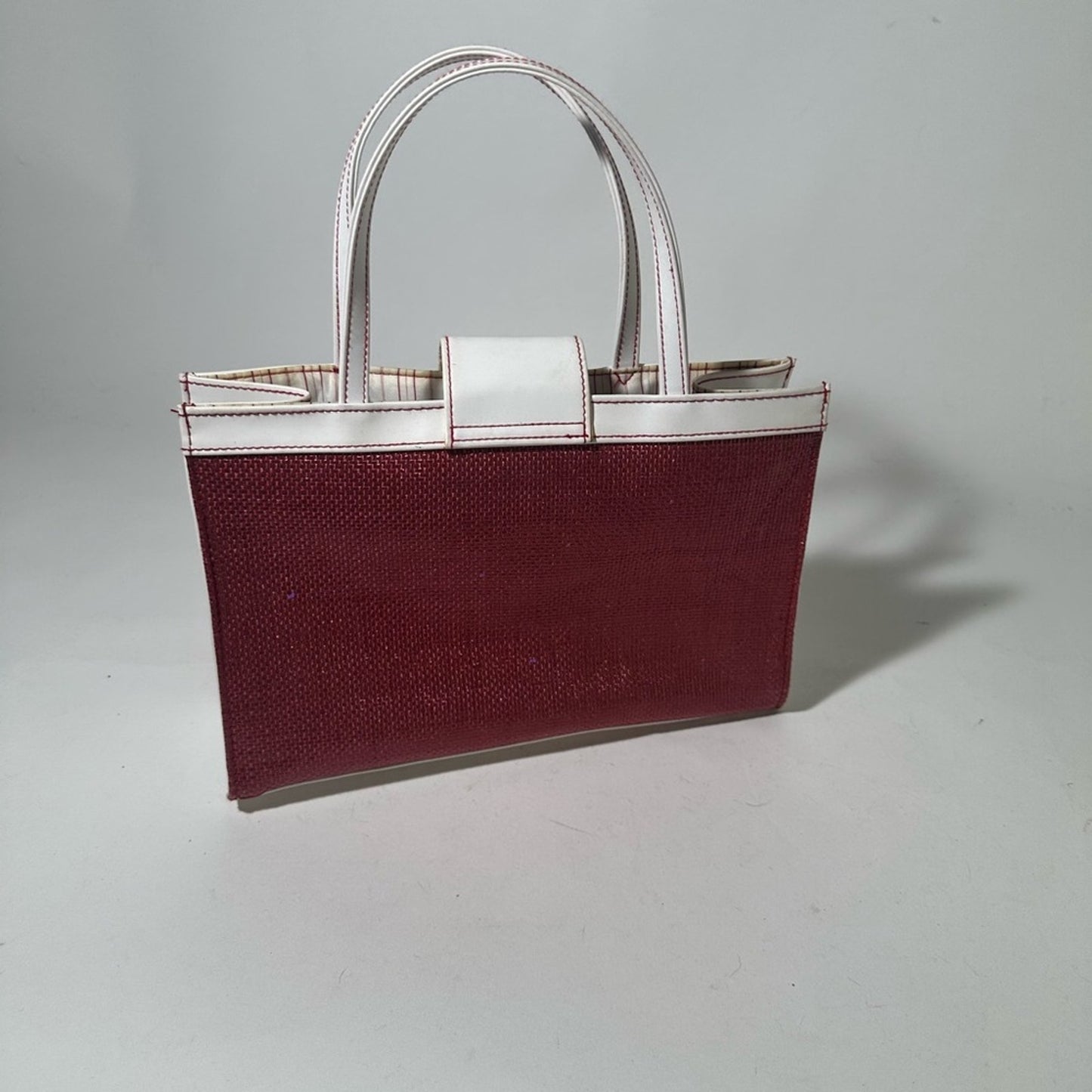 Red and White Structured Tote with Geometric Design