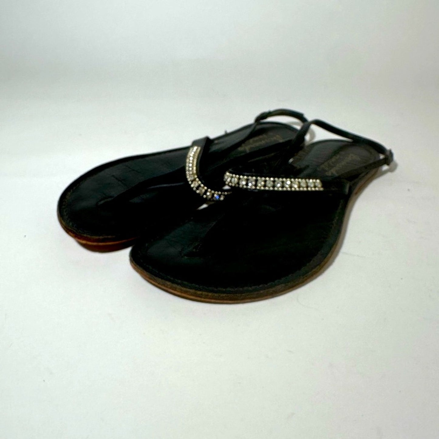 Black Sandals with Rhinestone Embellished Strap and Flat Sole