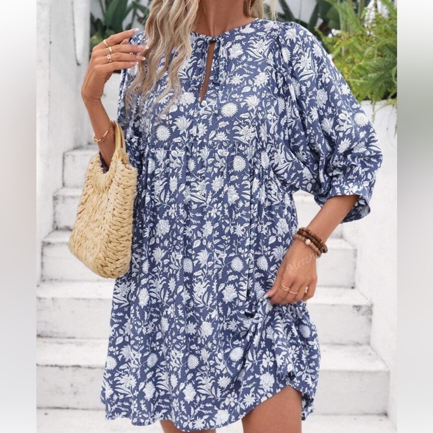 Floral Blue and White Rayon Dress