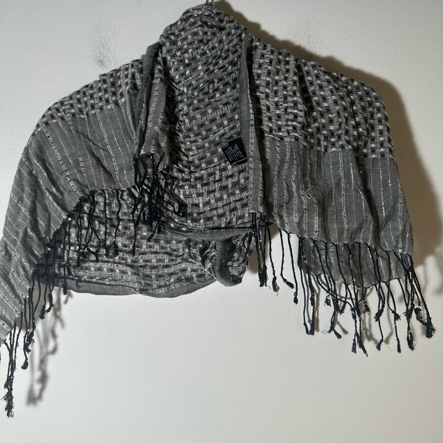 Gray and Black Woven Shawl with Fringe