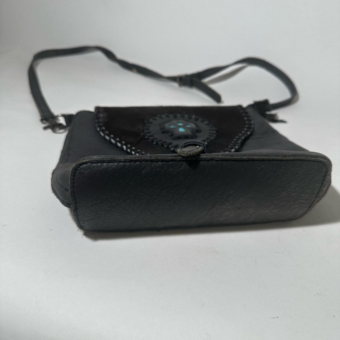 Black Leather Crossbody Bag with Turquoise Accent