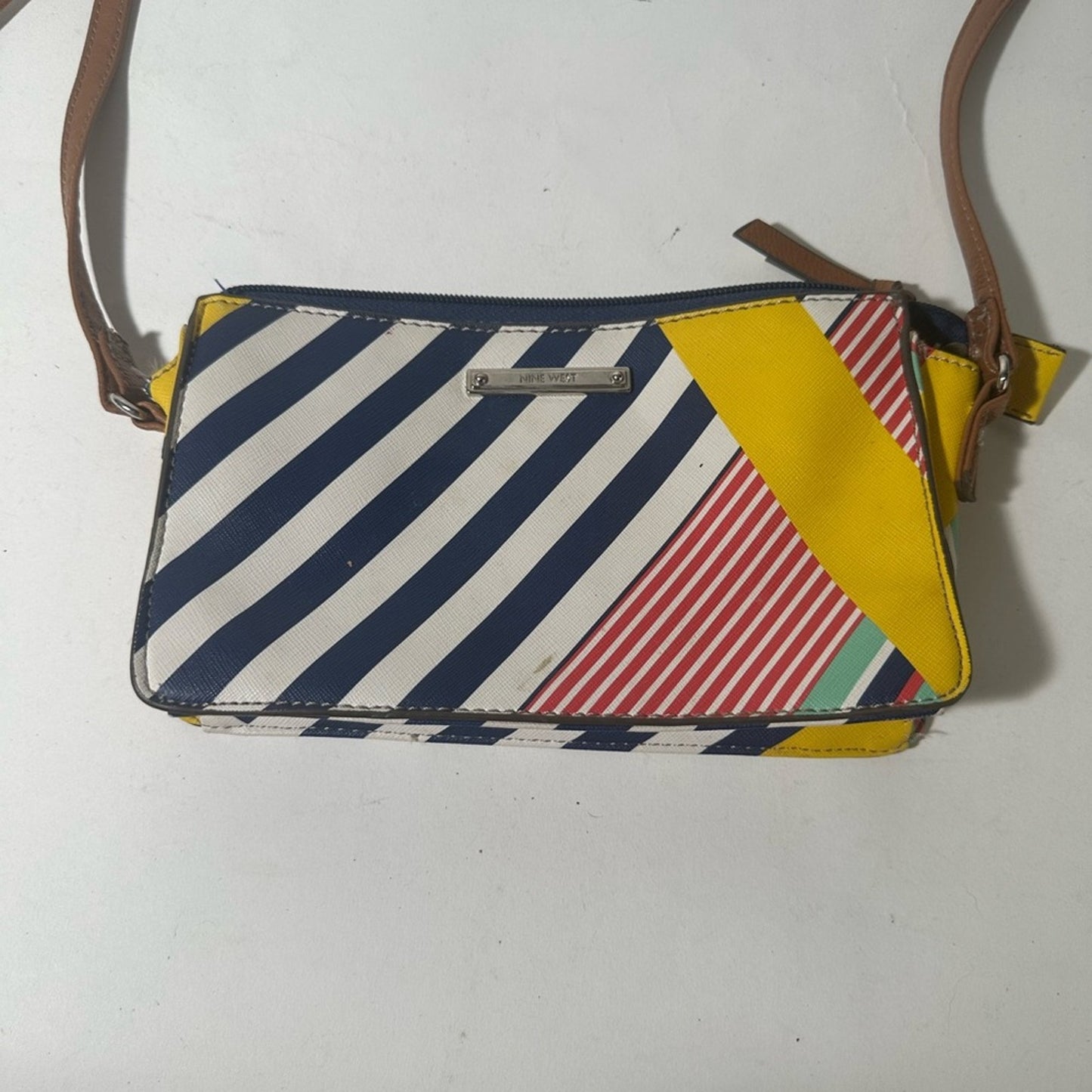 Blue and Yellow Artistic Crossbody Bag with Geometric Design