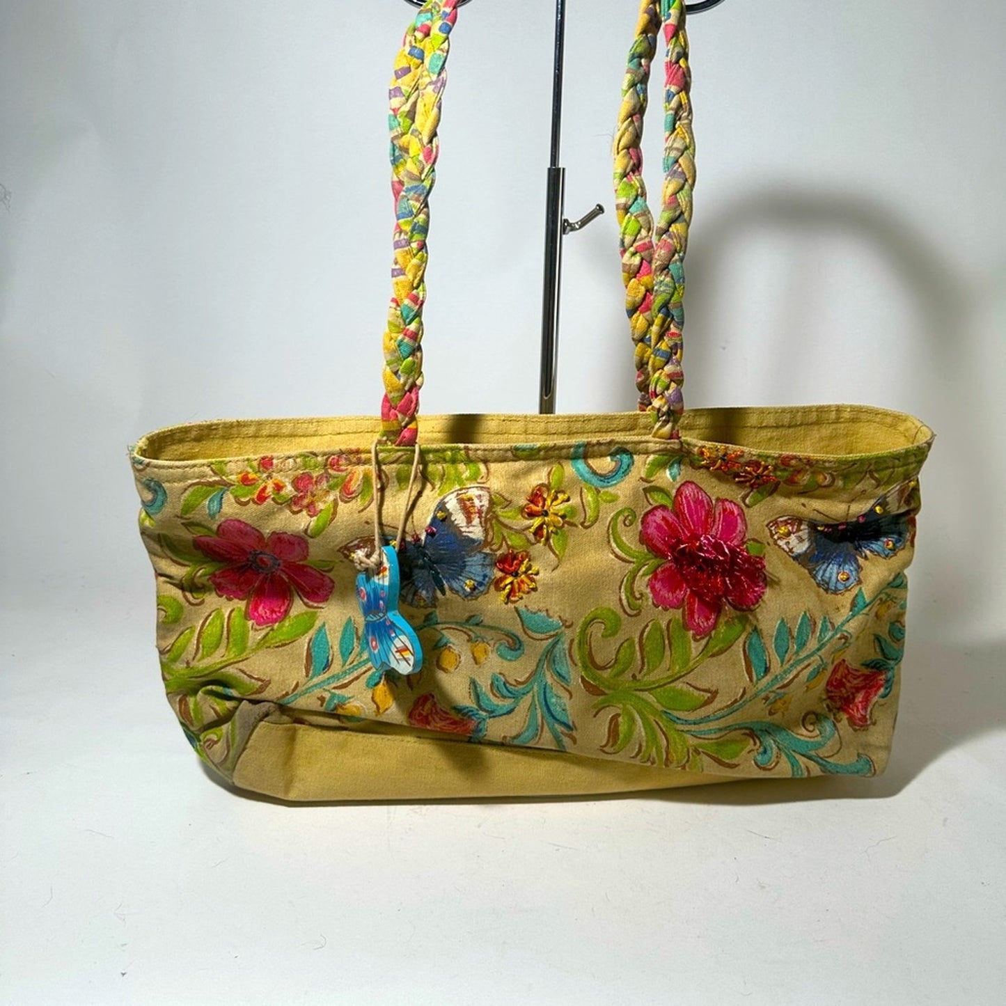 Kate McRostie Butterfly Tan and Pink Floral Tote Bag with Dual Handles