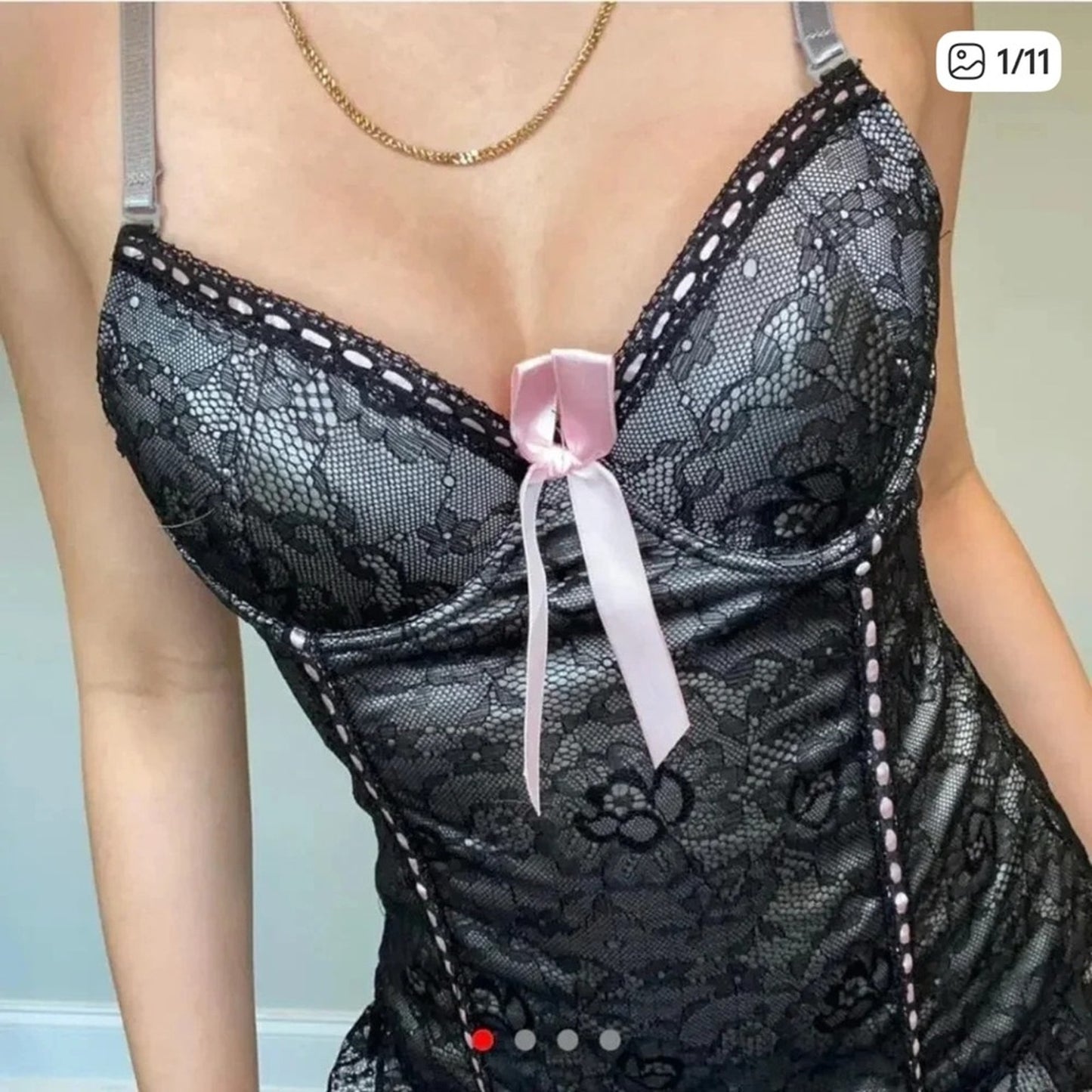 Y2K Elegant Black Lace Corset Bustier with Pink Accents