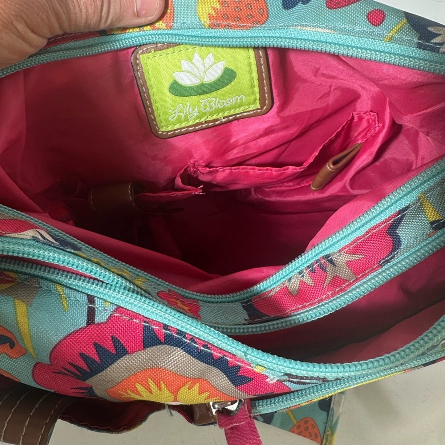Playful Blue and Pink Crossbody Bag with Abstract Design