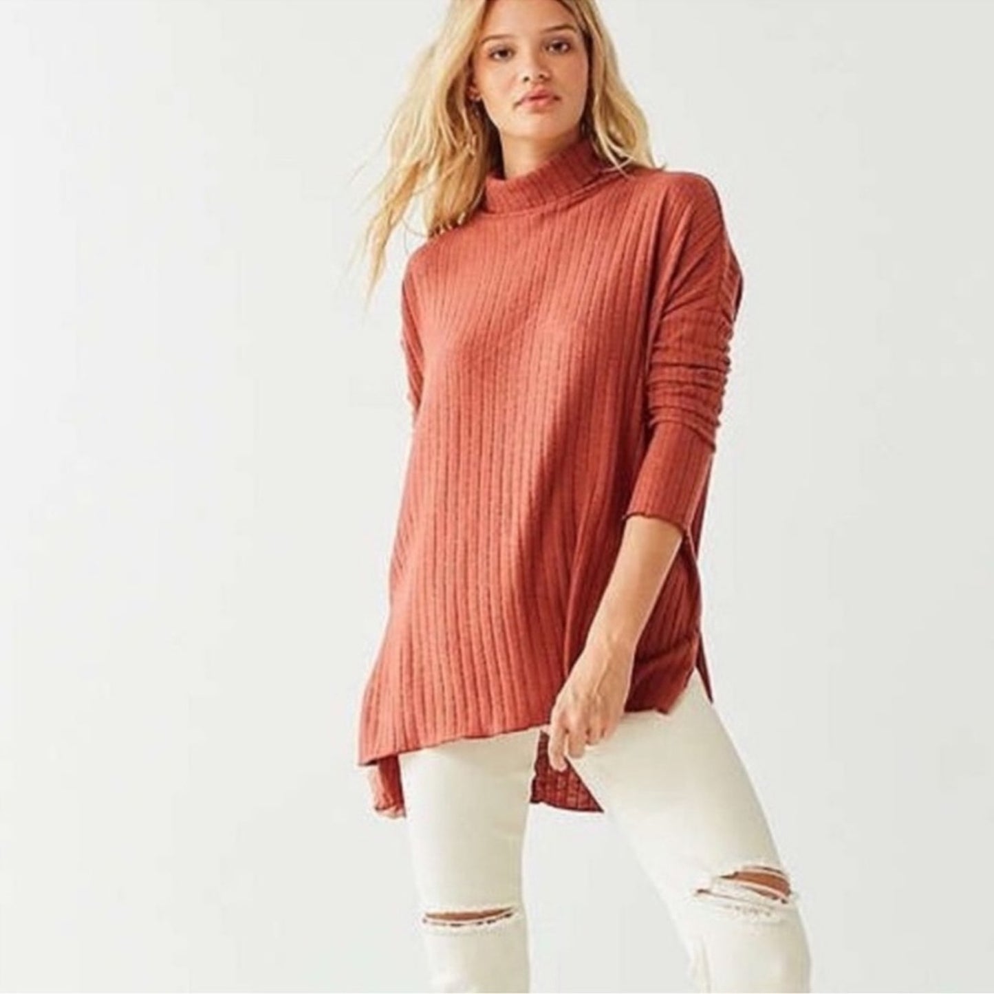 Cozy Ribbed Turtleneck Sweater in Coral