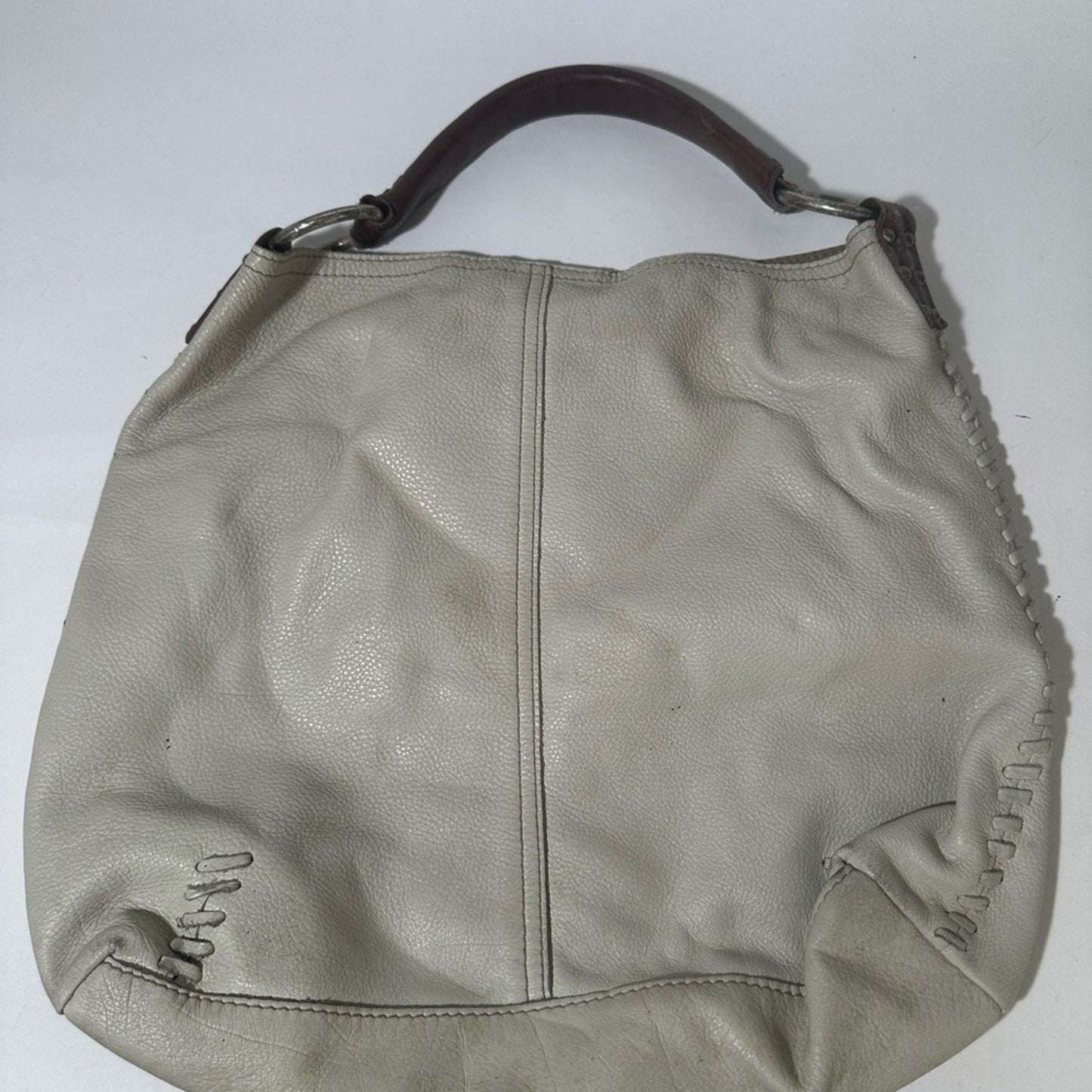 White and Brown Hobo Bag with Textured Leather and Slouchy Shape