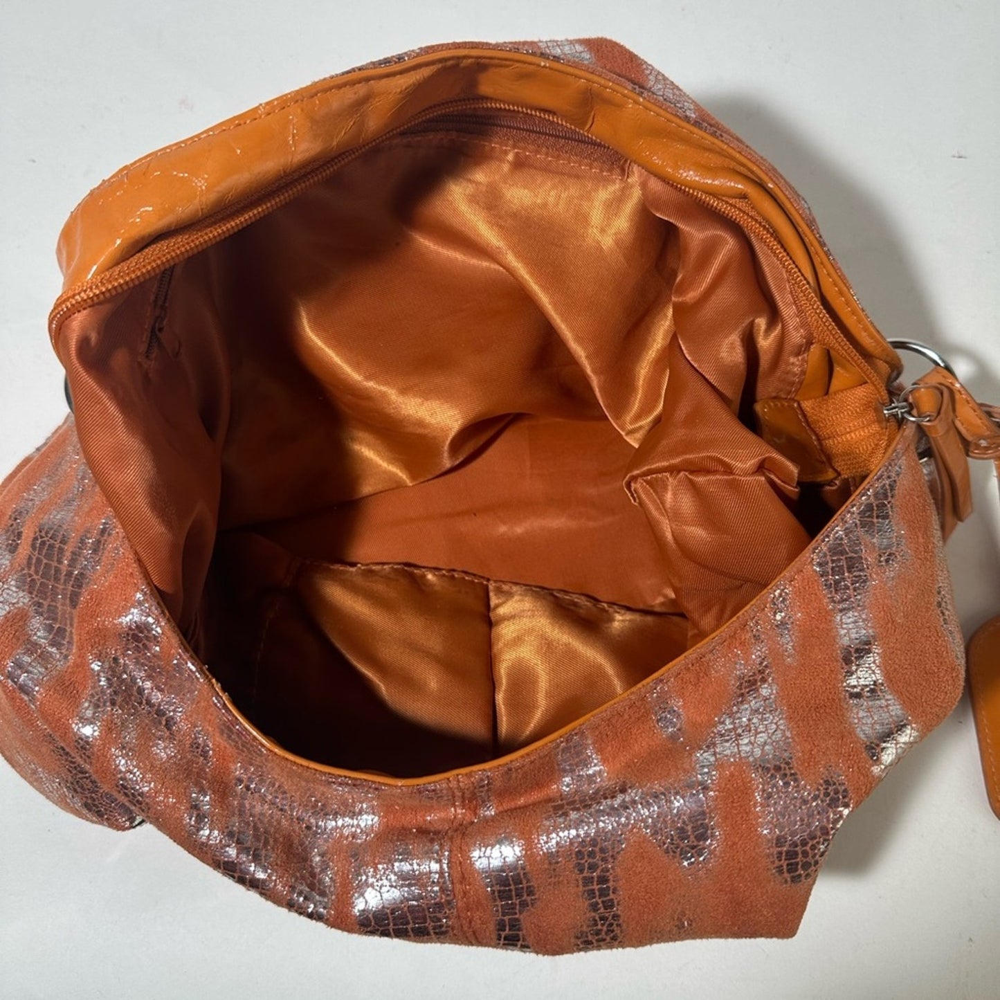 Orange and Silver Tiger Print Hobo Bag with Glossy Finish
