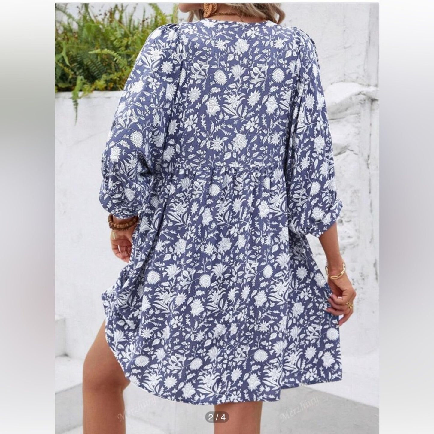 Floral Blue and White Rayon Dress
