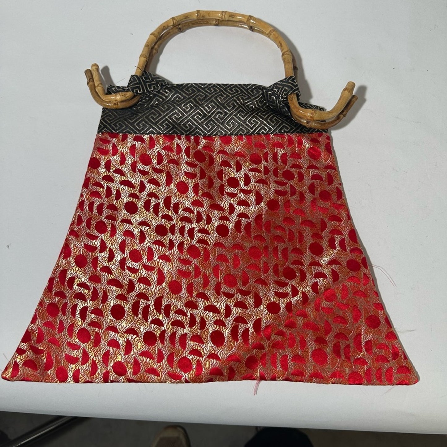 Red and Gold Geometric Tote with Bamboo Handle