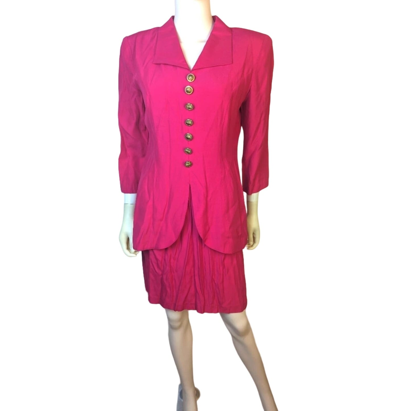 Vintage Hot Pink Puff Sleeve Dress - Medium