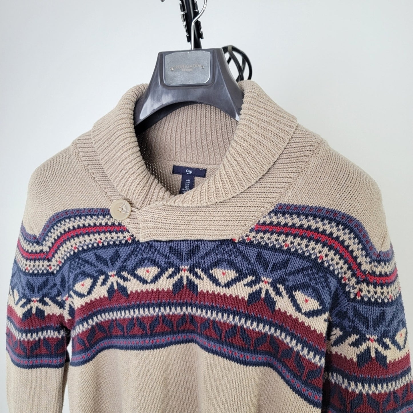 Gap Men's Shawl Neck Fair Isle Aztec Oatmeal Pullover Sweater M