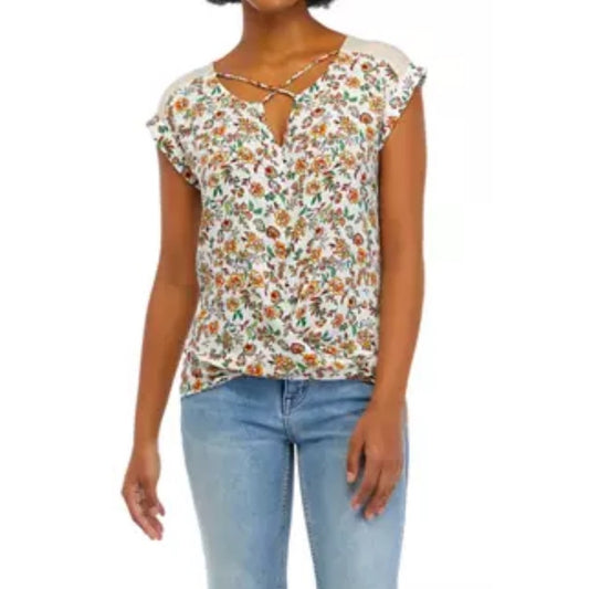 A. Byer Graphic Flutter Sleeve Blouse in Orange and Brown