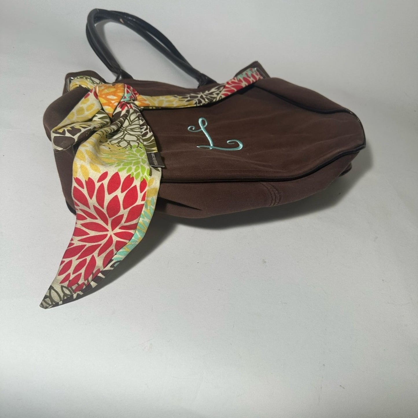 Brown Tote Bag with Colorful Scarf Accent