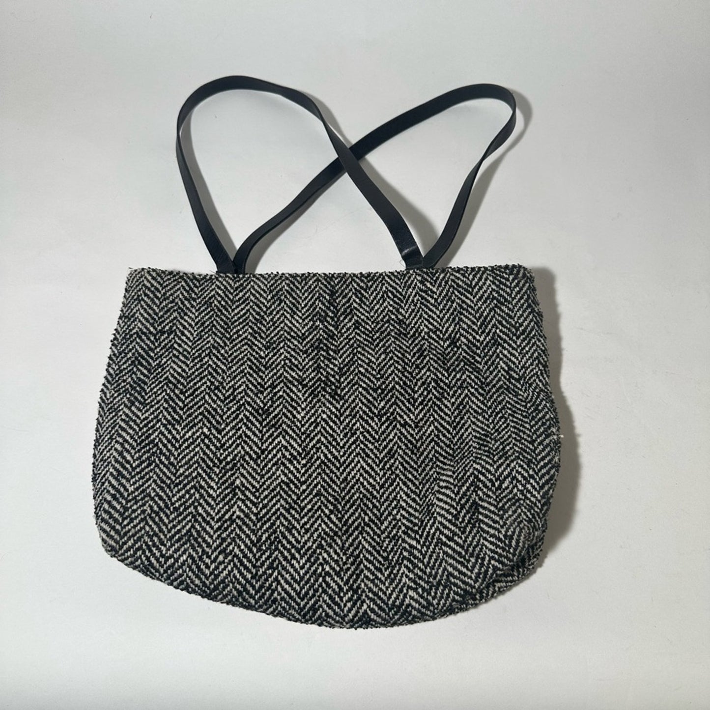 Black and White Tote with Textured Fabric and Long Handles