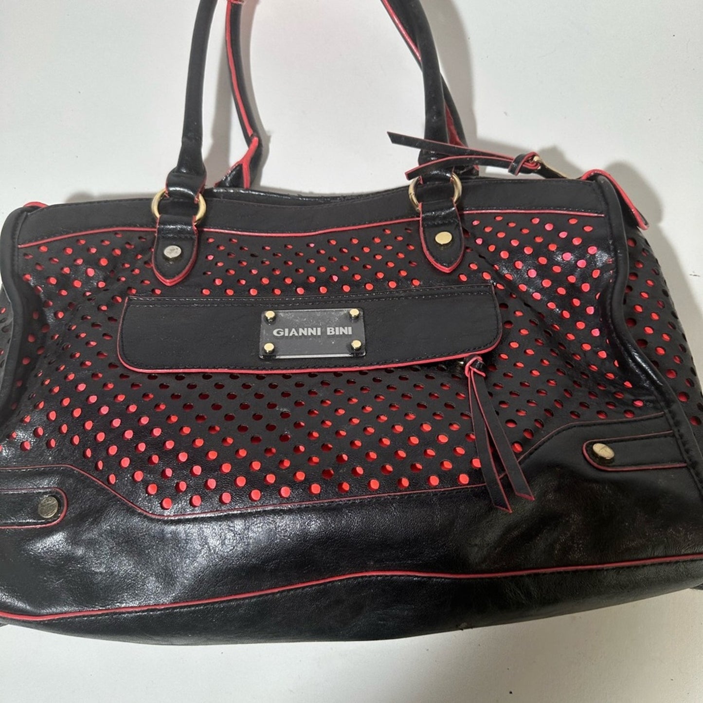 Gianni Bini Black and Red Satchel with Perforated Design