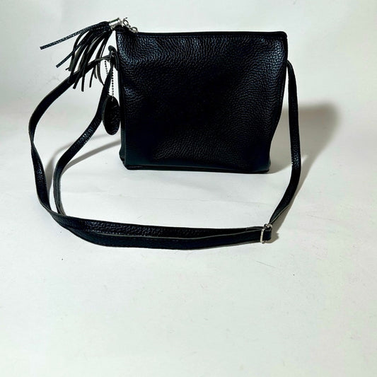 Sleek Black Crossbody Bag with Adjustable Strap and Tassel