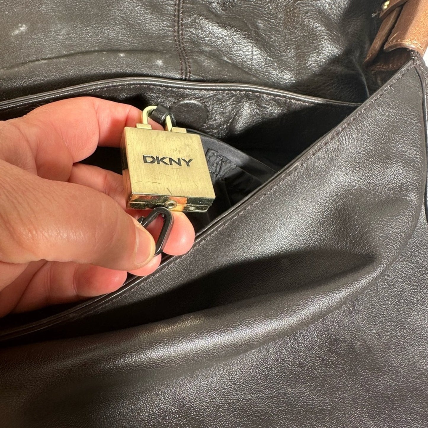 DKNY Dark Leather Bag with Gold Lock