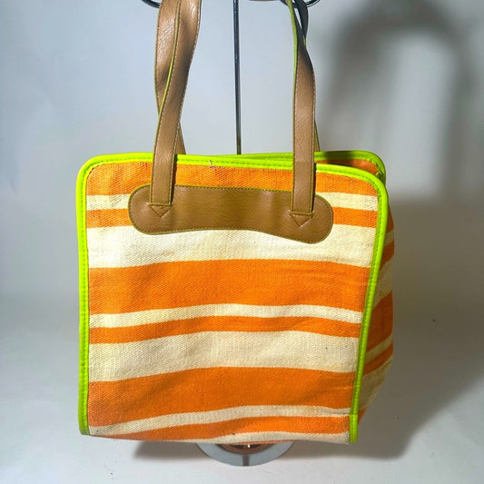 Vibrant Orange and Tan Striped Tote Bag with Sturdy Handles
