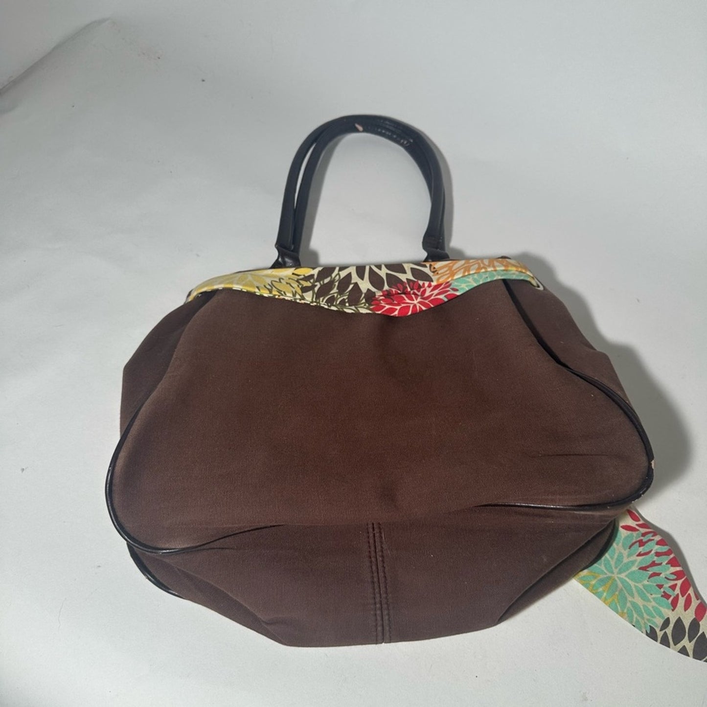 Brown Tote Bag with Colorful Scarf Accent