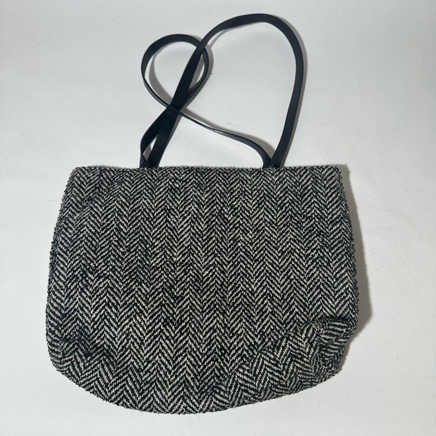 Black and White Tote with Textured Fabric and Long Handles