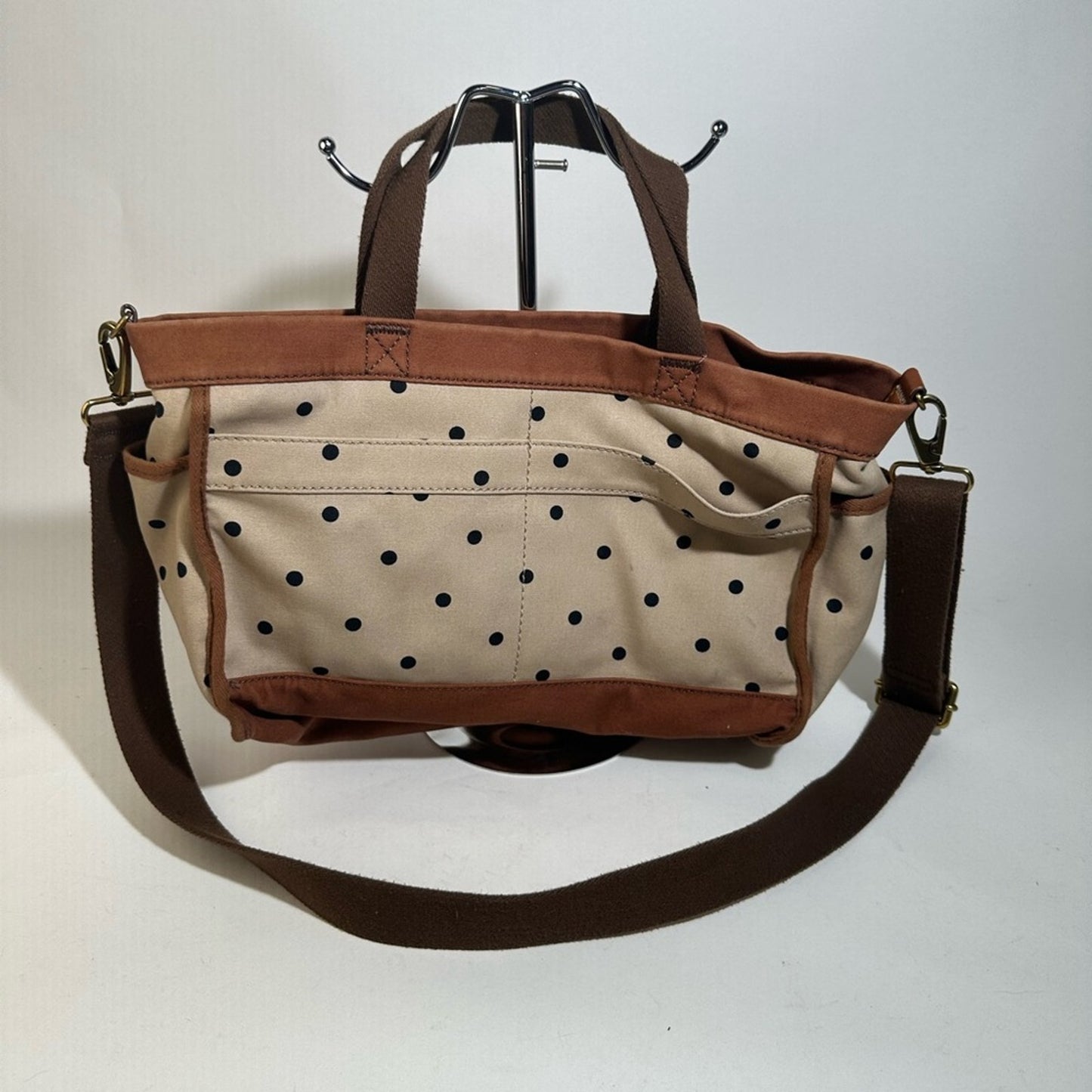 Fossil 1954 Passport Black Dots Brown Canvas Zip Weekender Purse Crossbody Tote