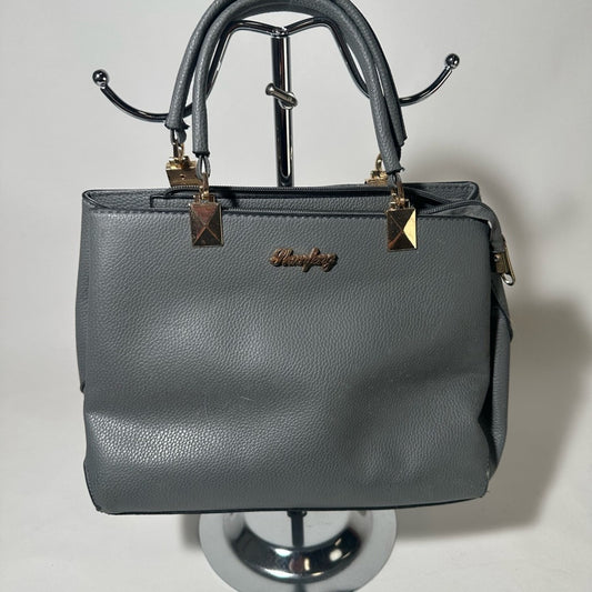 Gray Satchel with Structured Design and Gold Accents