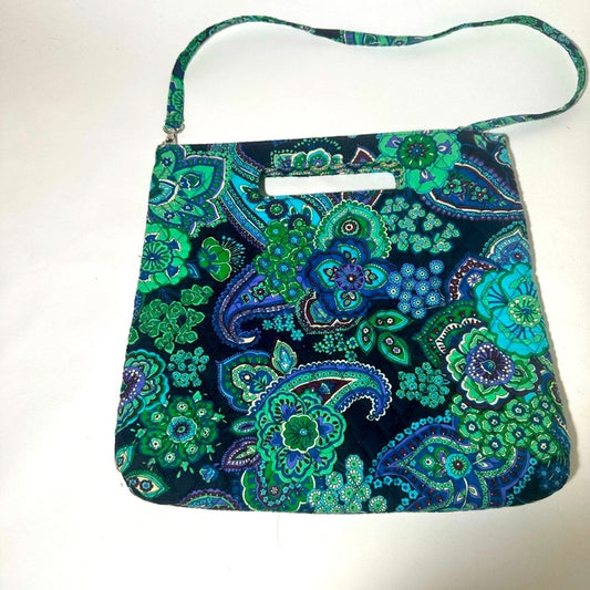 Vibrant Green and Blue Shoulder Bag with Floral Paisley Design