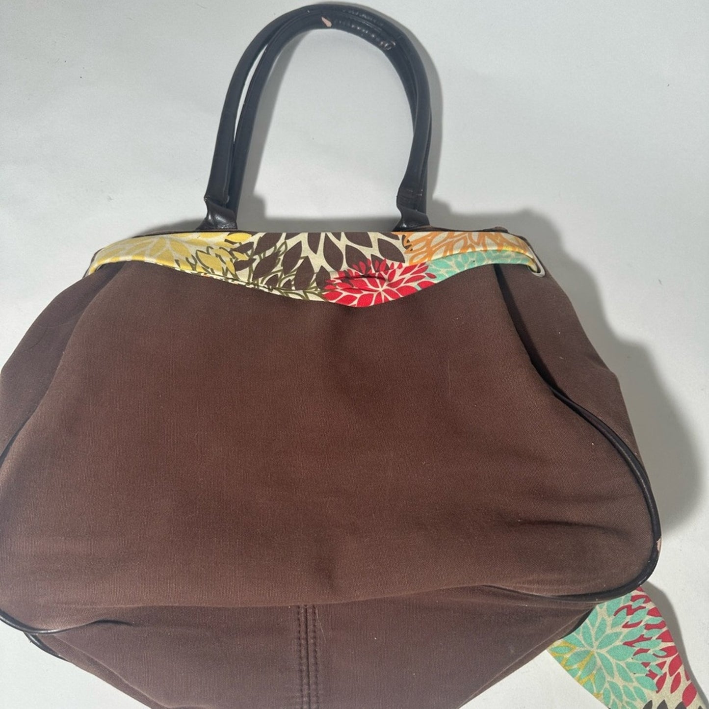 Brown Tote Bag with Colorful Scarf Accent