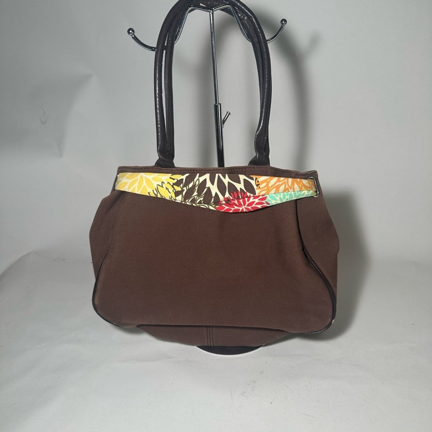 Brown Tote Bag with Colorful Scarf Accent