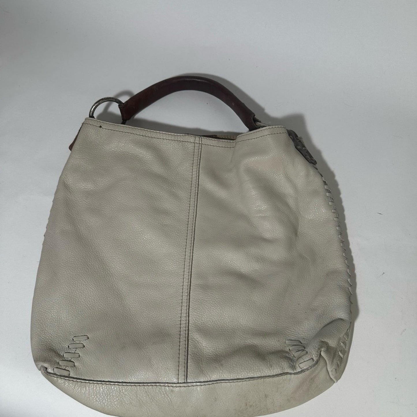 White and Brown Hobo Bag with Textured Leather and Slouchy Shape