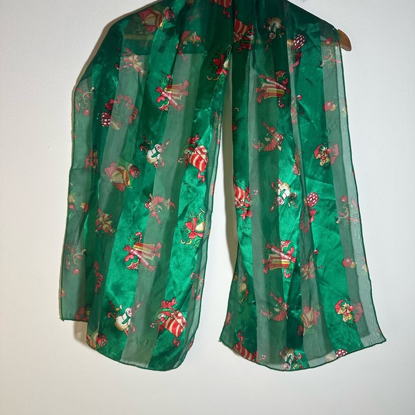 Festive Green Sheer Scarf with Holiday Print