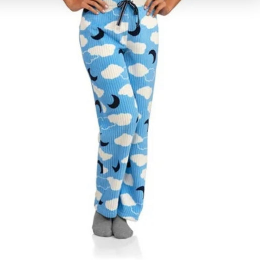 Blue Pajama Pants with Cloud and Moon Print